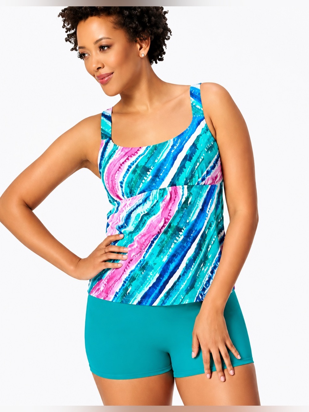 Kim Gravel x Swimsuits For Tankini Set w Bike Shorts Tesl and pink Stripes